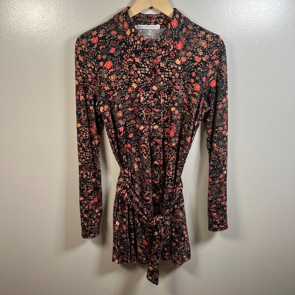 Peruvian Connection Mini Shirt Dress Size Medium Black Pima Cotton Floral Belted - Picture 1 of 10